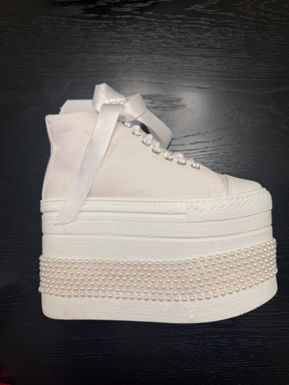 White Platform Pearl-Trim High Top Sneakers